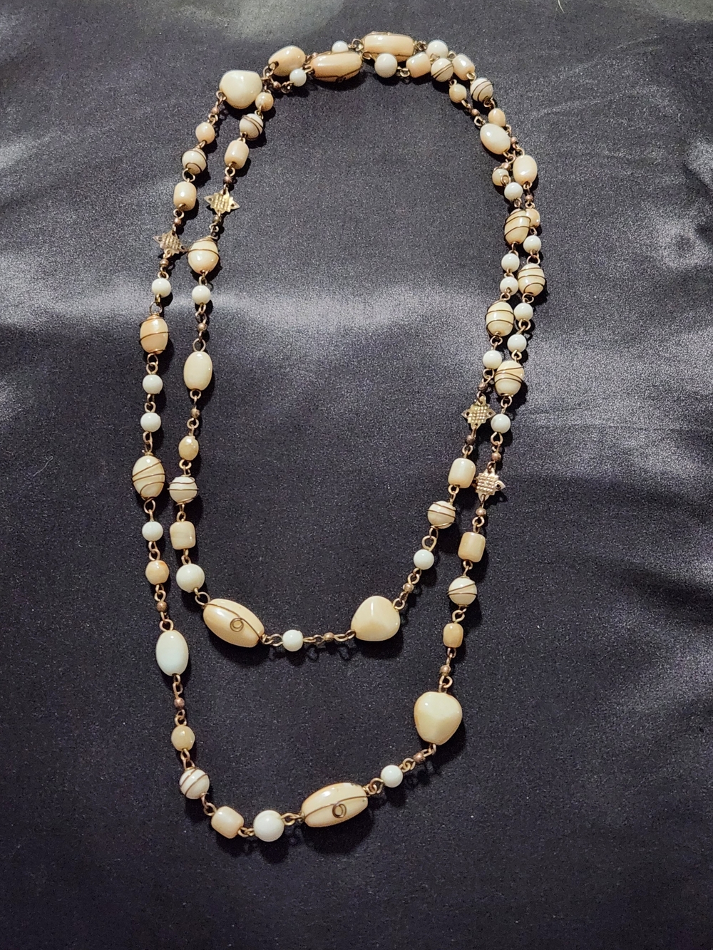 Vintage Cream Mottled Bead Station Long Necklace, Brass Wire Wrapped,Flapper